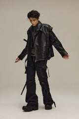 FLYERRER Spliced Faux-Layered Strap Zipper Pants