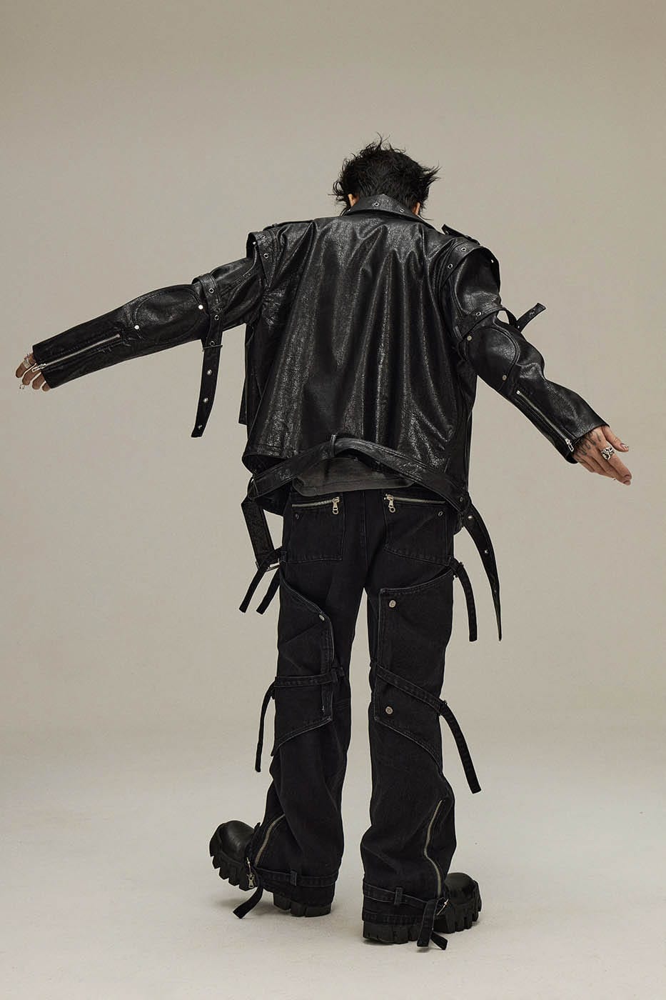 FLYERRER Spliced Faux-Layered Strap Zipper Pants