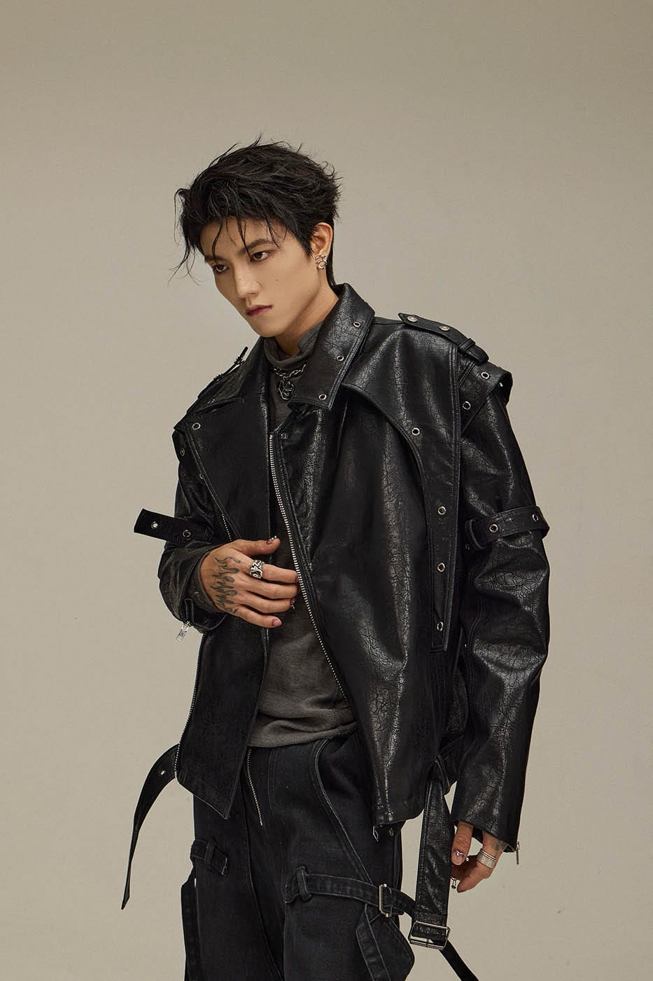 FLYERRER Asymmetrical Hoop-Hole Faux Leather Jacket