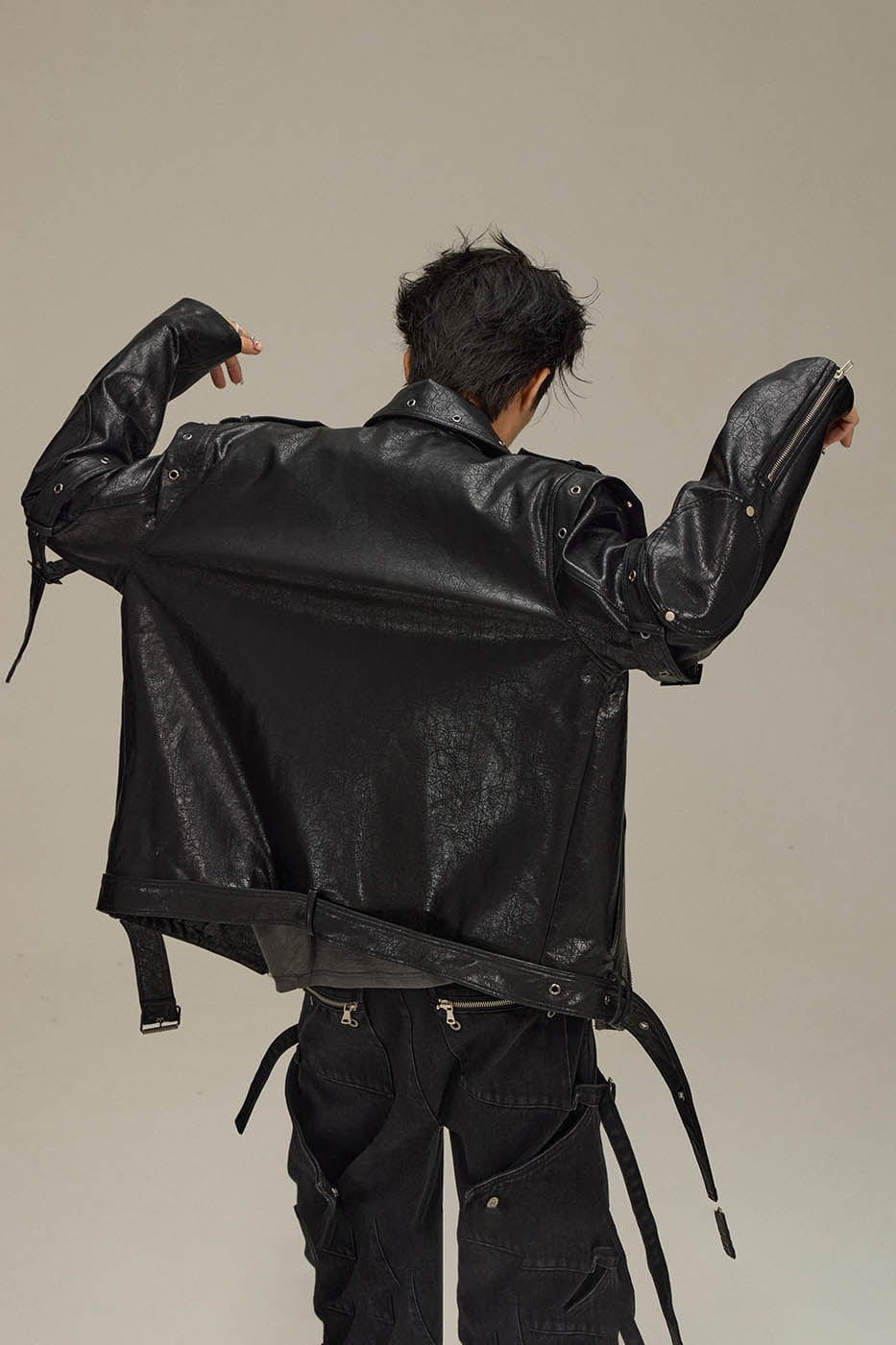 FLYERRER Asymmetrical Hoop-Hole Faux Leather Jacket