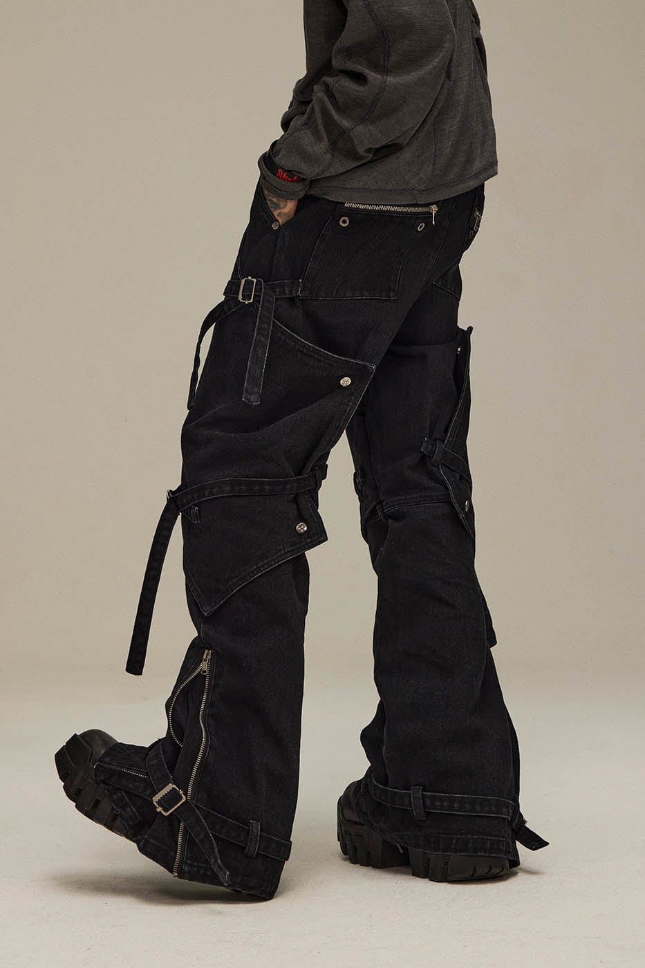 FLYERRER Spliced Faux-Layered Strap Zipper Pants