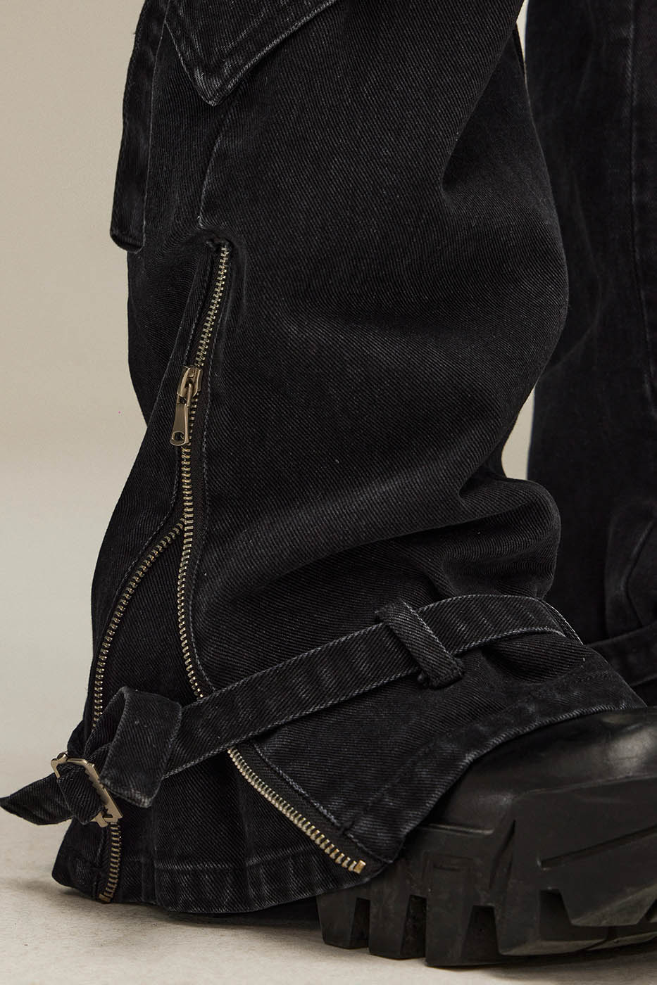 FLYERRER Spliced Faux-Layered Strap Zipper Pants