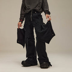 FLYERRER Spliced Faux-Layered Strap Zipper Pants