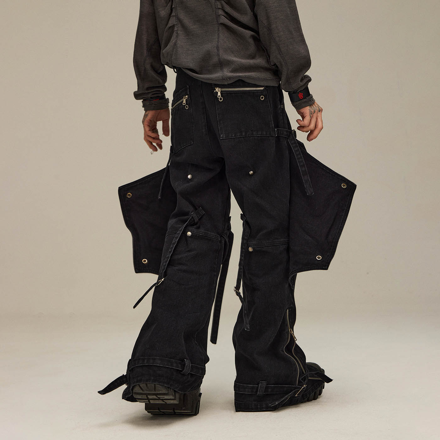 FLYERRER Spliced Faux-Layered Strap Zipper Pants