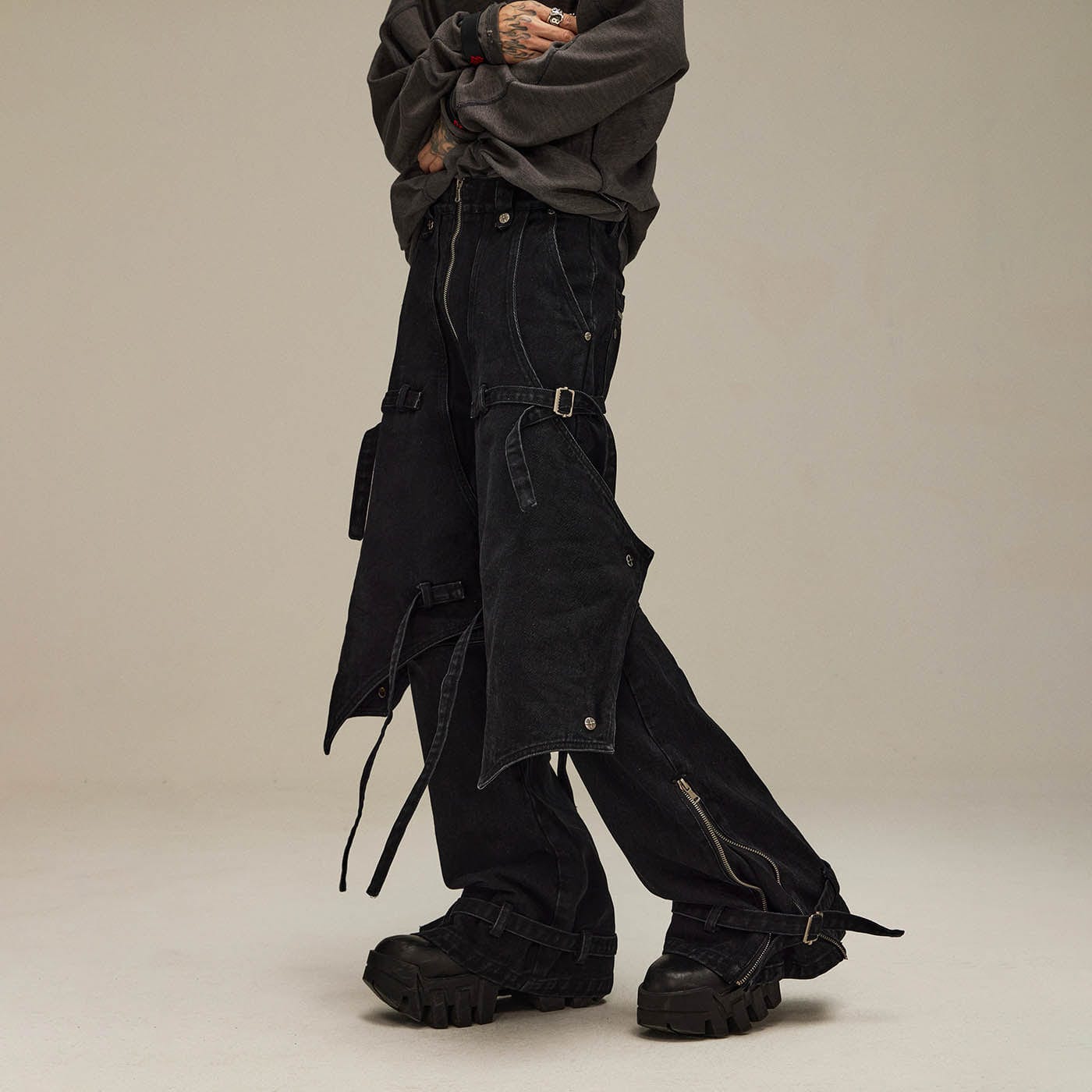 FLYERRER Spliced Faux-Layered Strap Zipper Pants