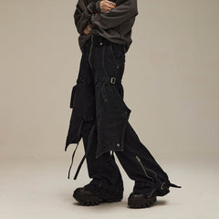 FLYERRER Spliced Faux-Layered Strap Zipper Pants