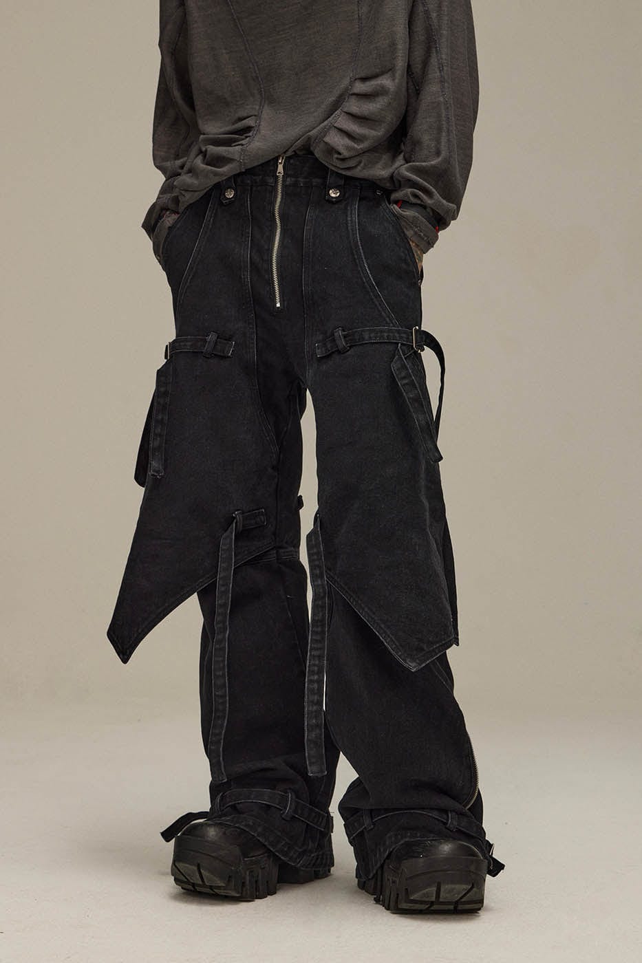 FLYERRER Spliced Faux-Layered Strap Zipper Pants