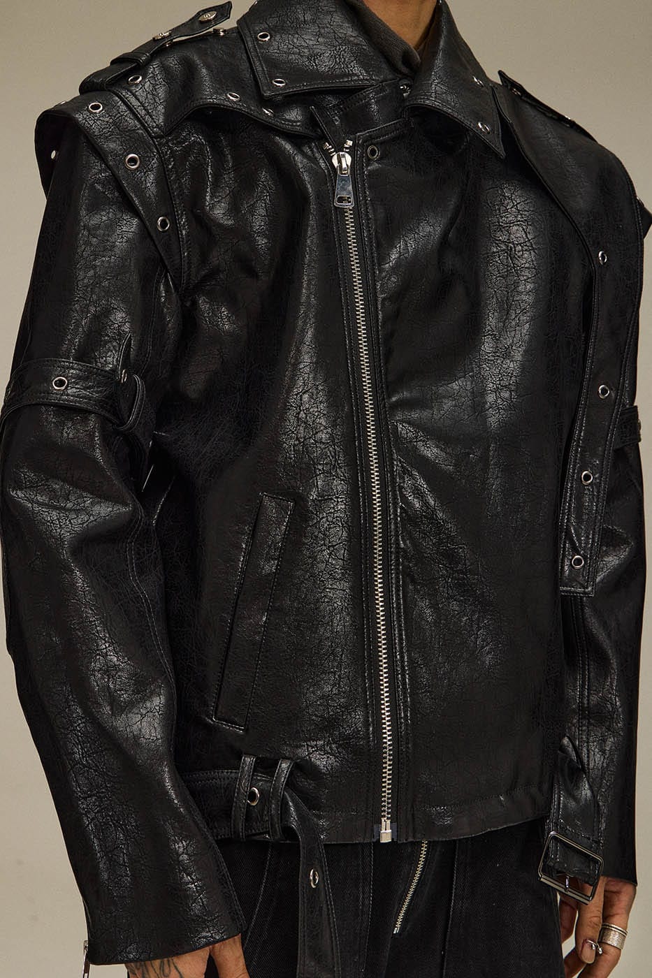 FLYERRER Asymmetrical Hoop-Hole Faux Leather Jacket