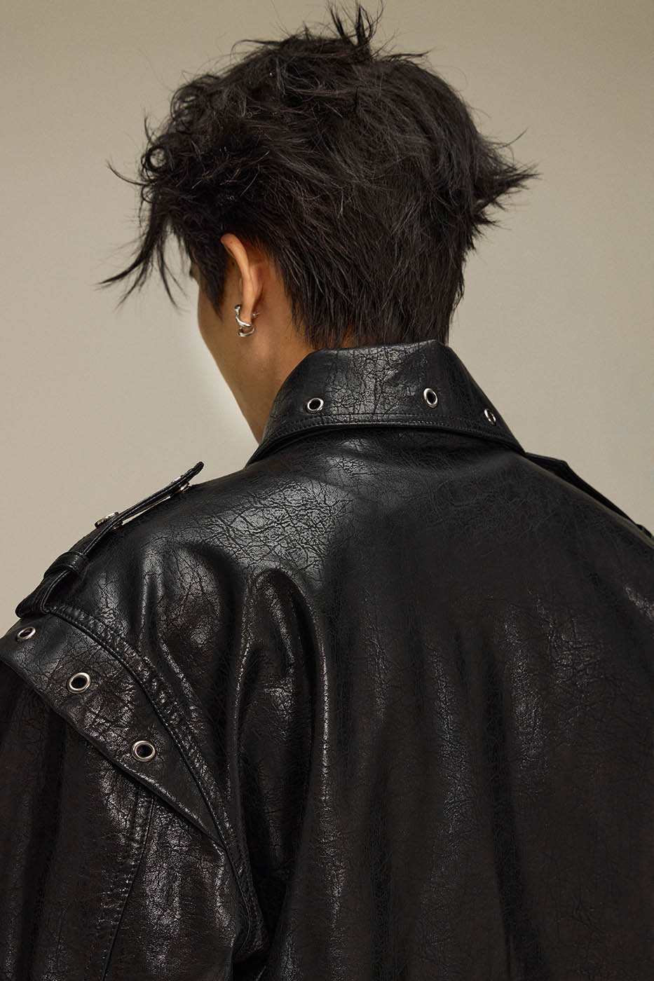 FLYERRER Asymmetrical Hoop-Hole Faux Leather Jacket