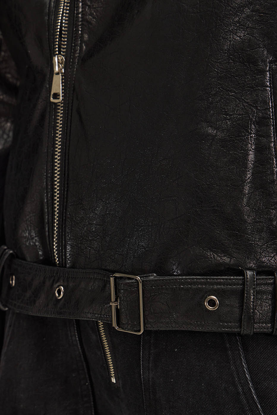 FLYERRER Asymmetrical Hoop-Hole Faux Leather Jacket