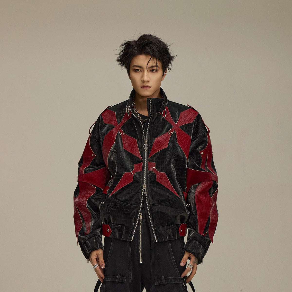 FLYERRER Four-Pointed Star Rivet Faux Feather Biker Jacket Red