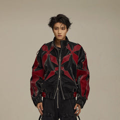 FLYERRER Four-Pointed Star Rivet Faux Feather Biker Jacket Red