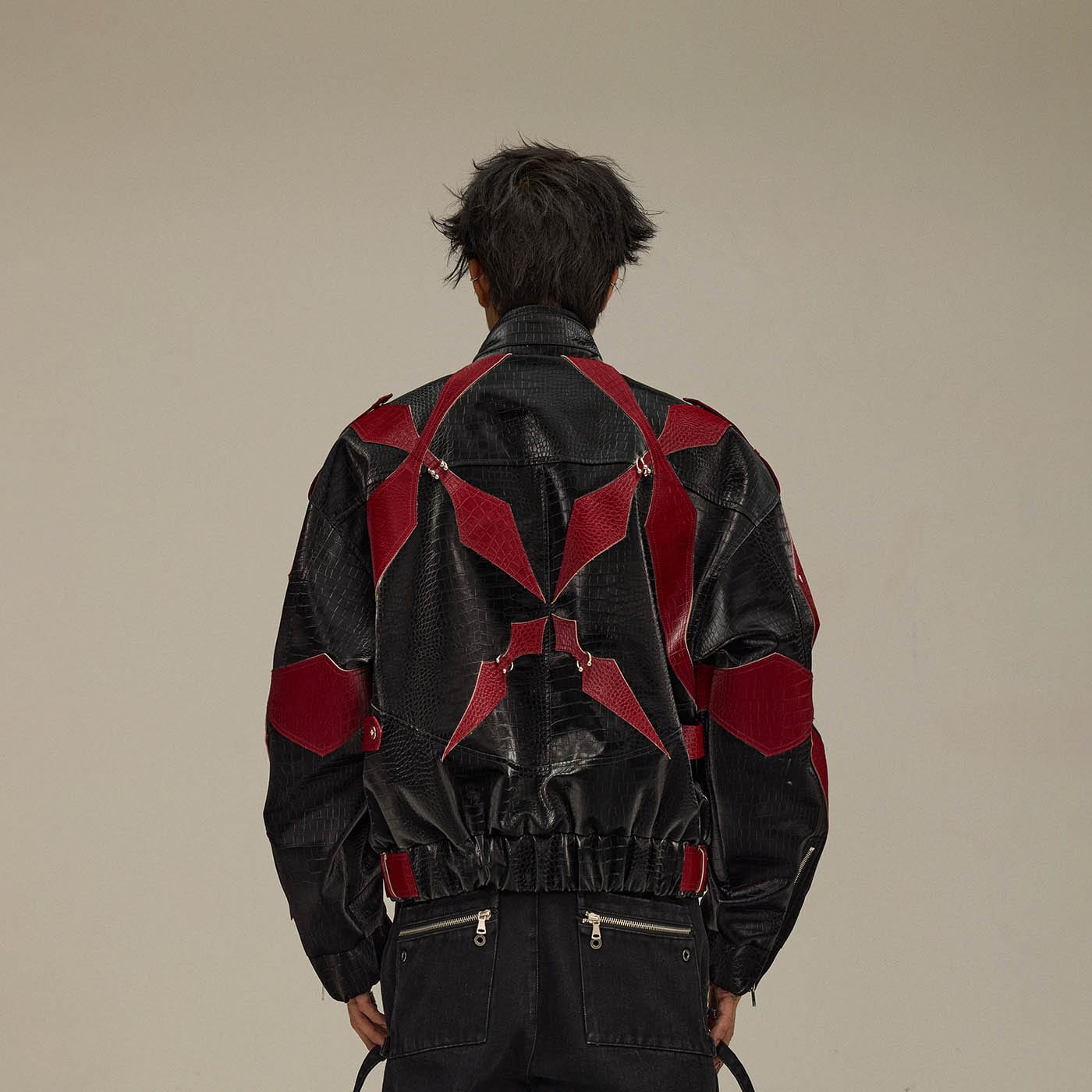 FLYERRER Four-Pointed Star Rivet Faux Feather Biker Jacket Red