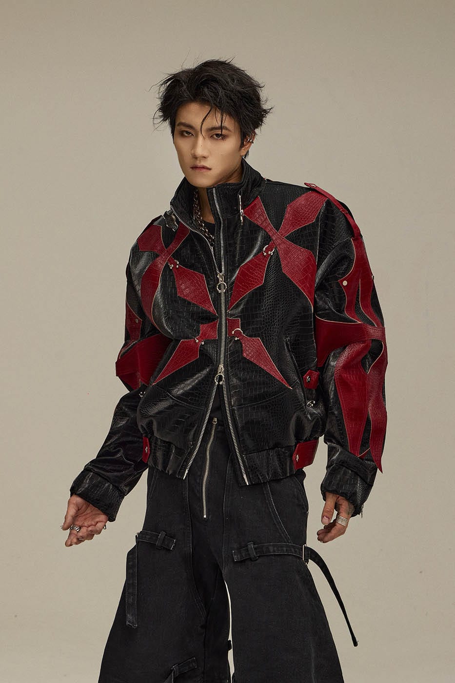 FLYERRER Four-Pointed Star Rivet Faux Feather Biker Jacket Red