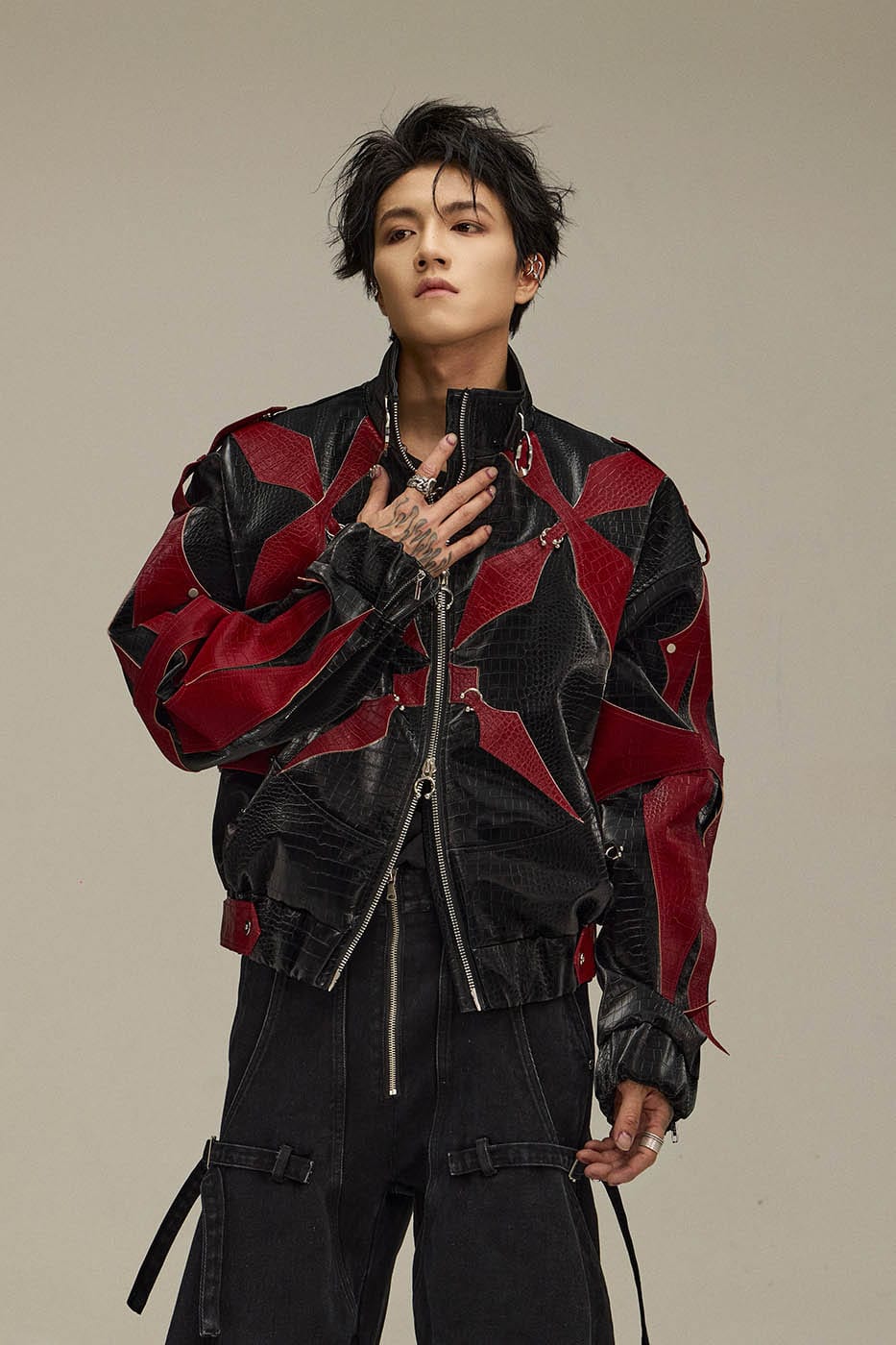 FLYERRER Four-Pointed Star Rivet Faux Feather Biker Jacket Red