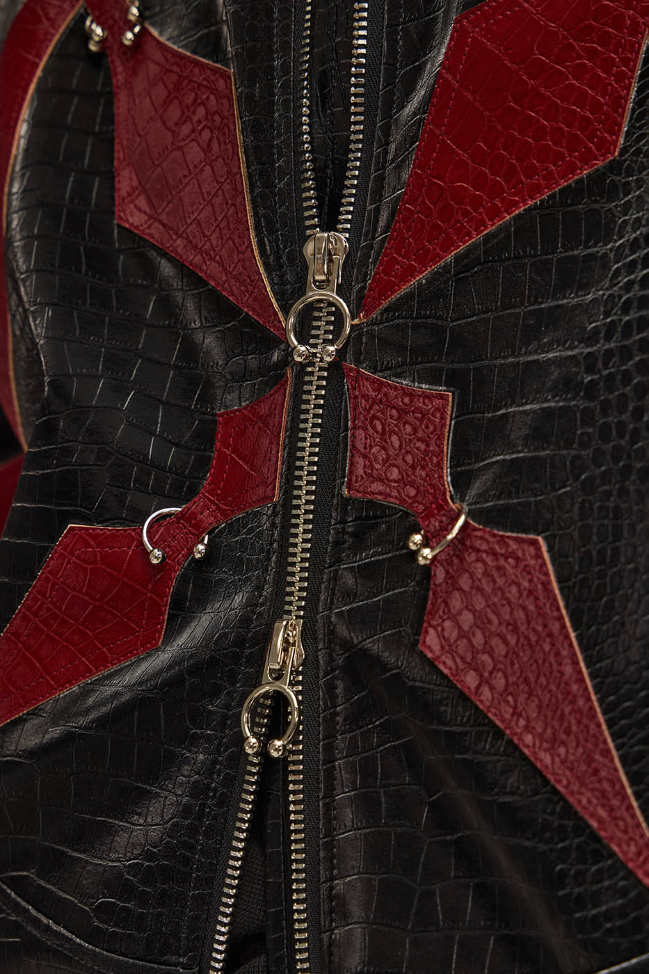 FLYERRER Four-Pointed Star Rivet Faux Feather Biker Jacket Red