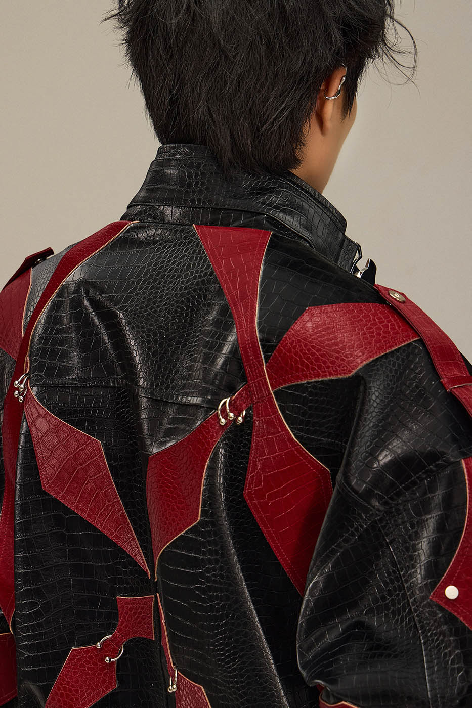FLYERRER Four-Pointed Star Rivet Faux Feather Biker Jacket Red