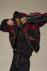 FLYERRER Four-Pointed Star Rivet Faux Feather Biker Jacket Red