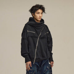 FLYERRER Asymmetrical Zip-up Frayed Hoodie