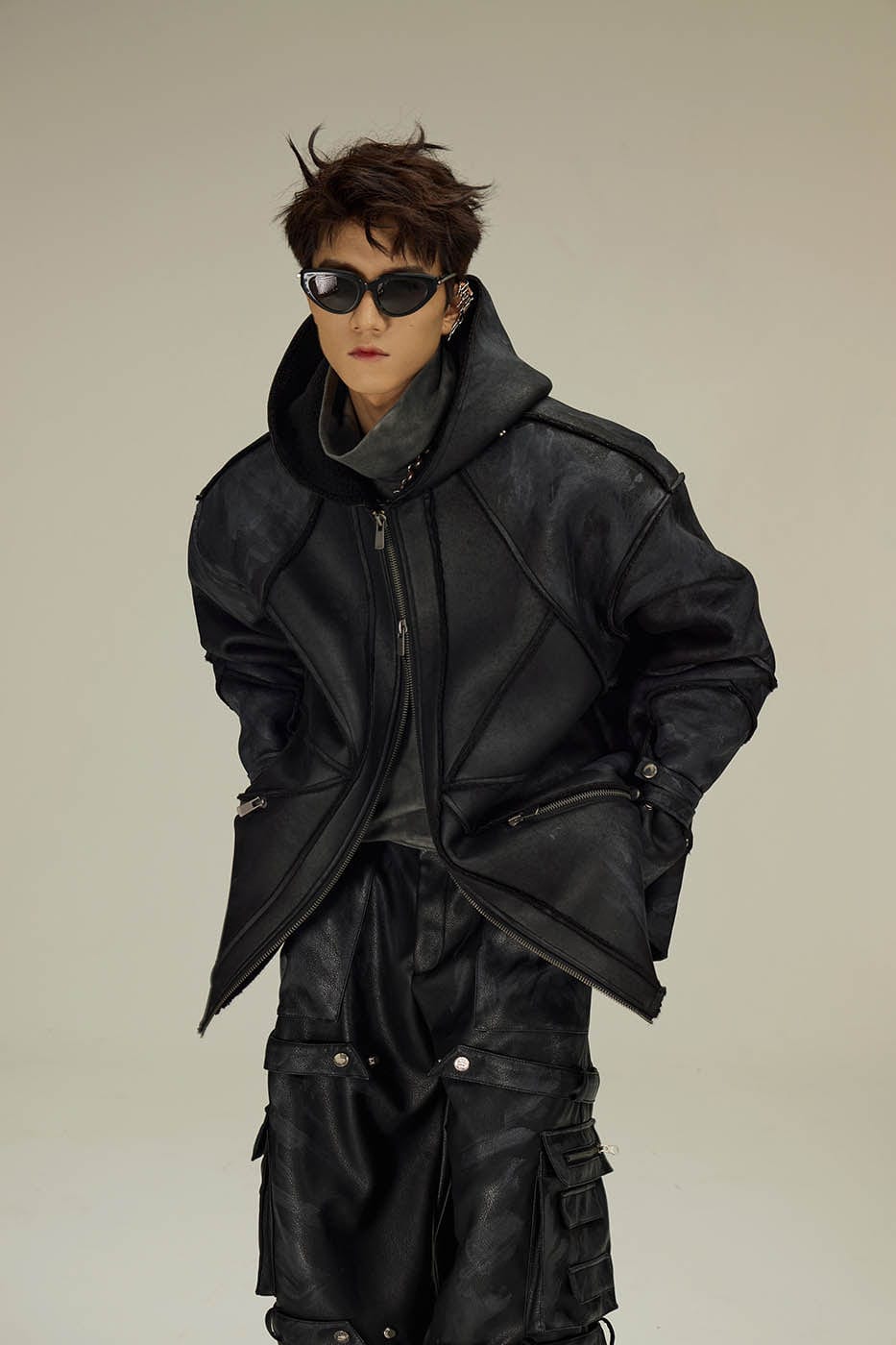 FLYERRER Geometric Paneled Faux Leather Jacket