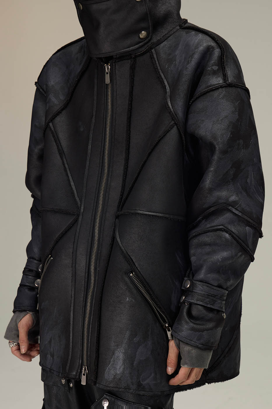 FLYERRER Geometric Paneled Faux Leather Jacket
