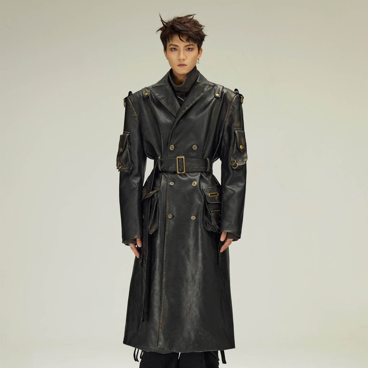 FLYERRER Multi-Pocket Belted Faux Leather Trench Coat