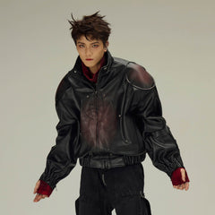 FLYERRER Flame Deconstructed Distressed Faux Leather Jacket