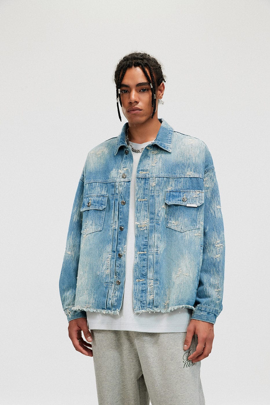 BONELESS Raw-Edge Washed Denim Jacket