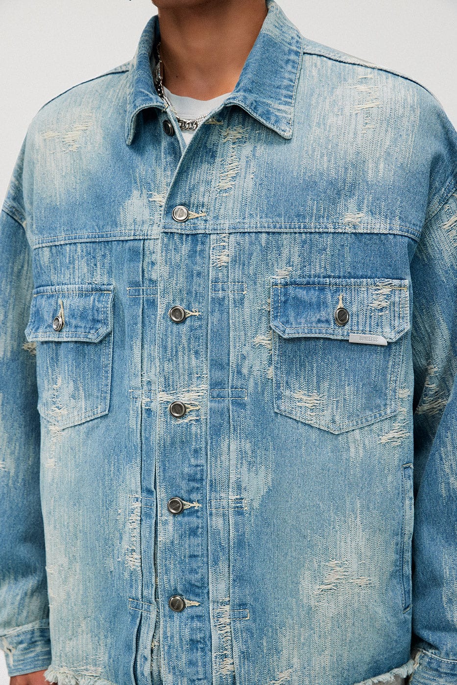 BONELESS Raw-Edge Washed Denim Jacket
