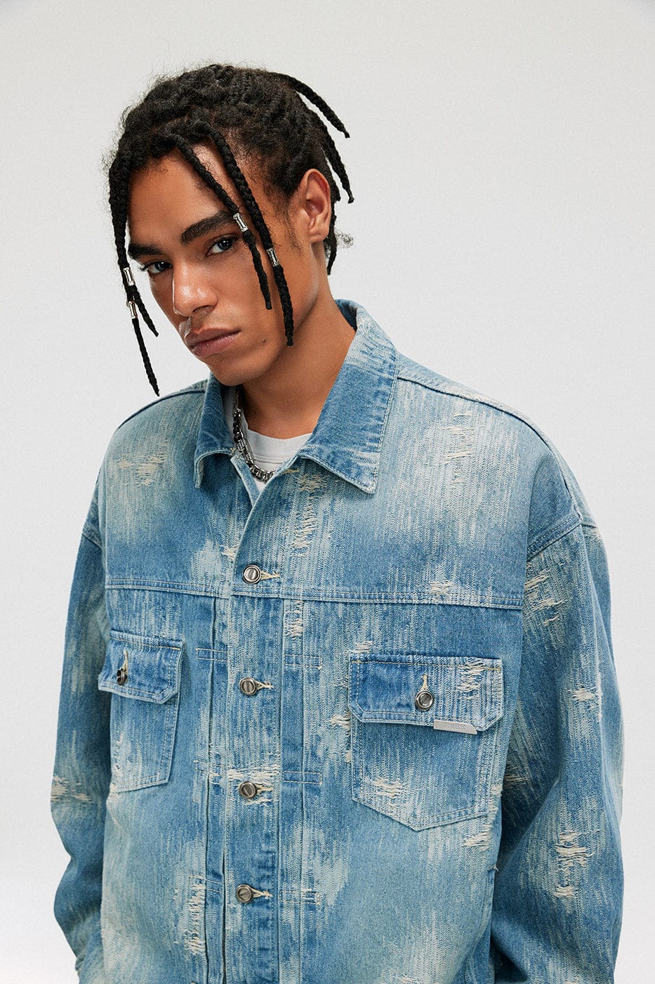 BONELESS Raw-Edge Washed Denim Jacket