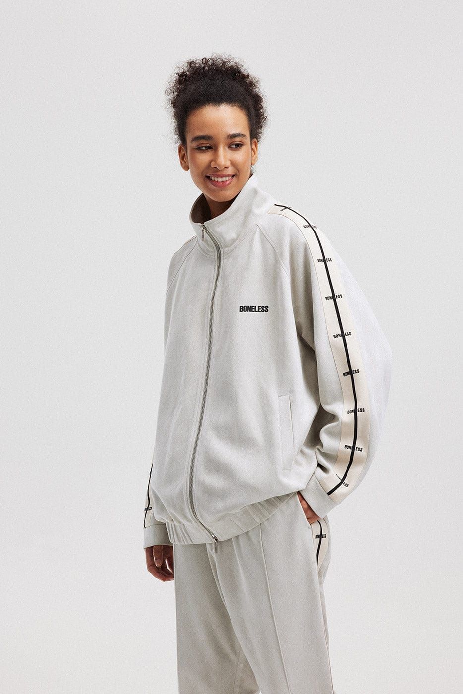 BONELESS Contrasted Striped Faux Suede Jacket