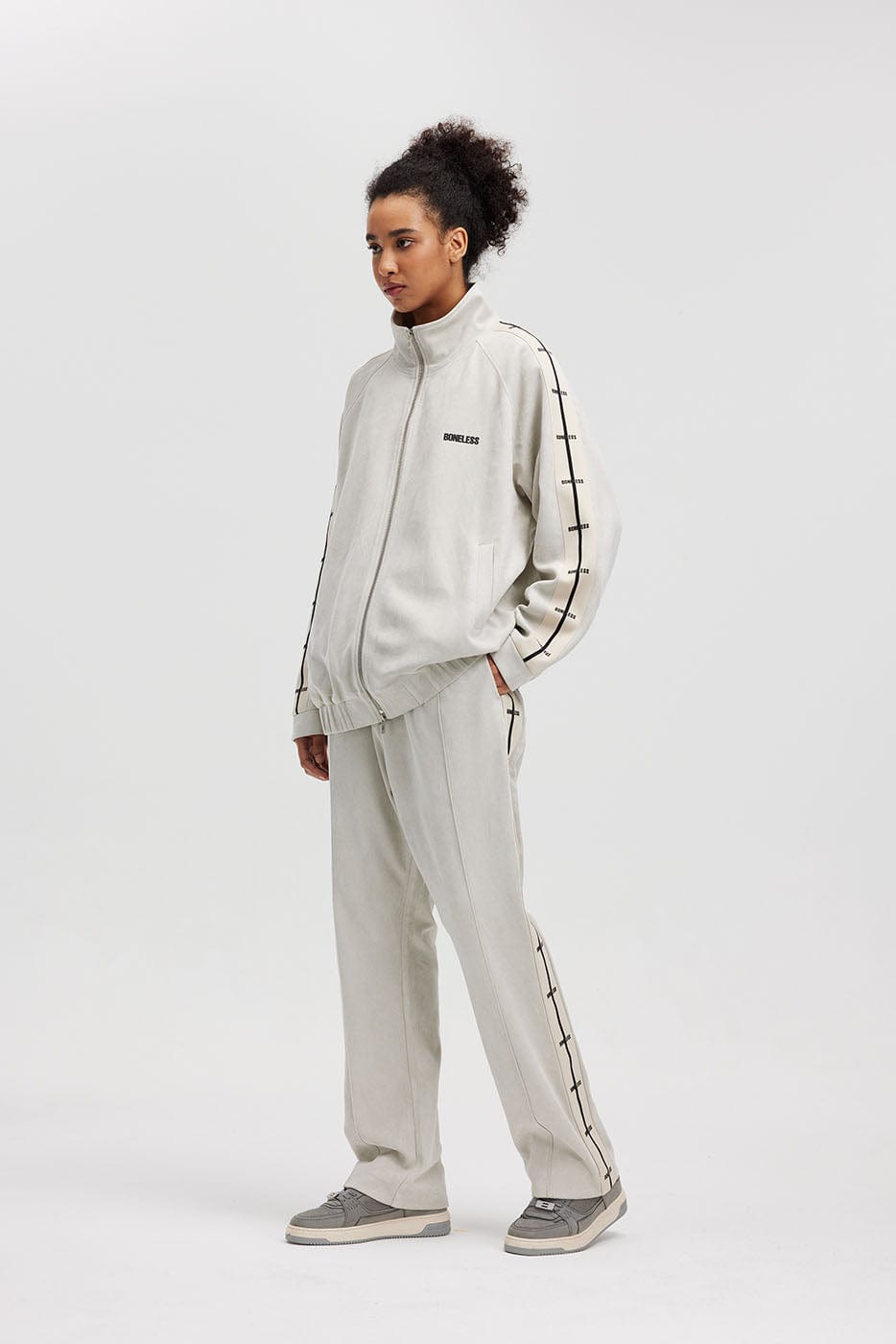 BONELESS Contrasted Striped Faux Suede Jacket