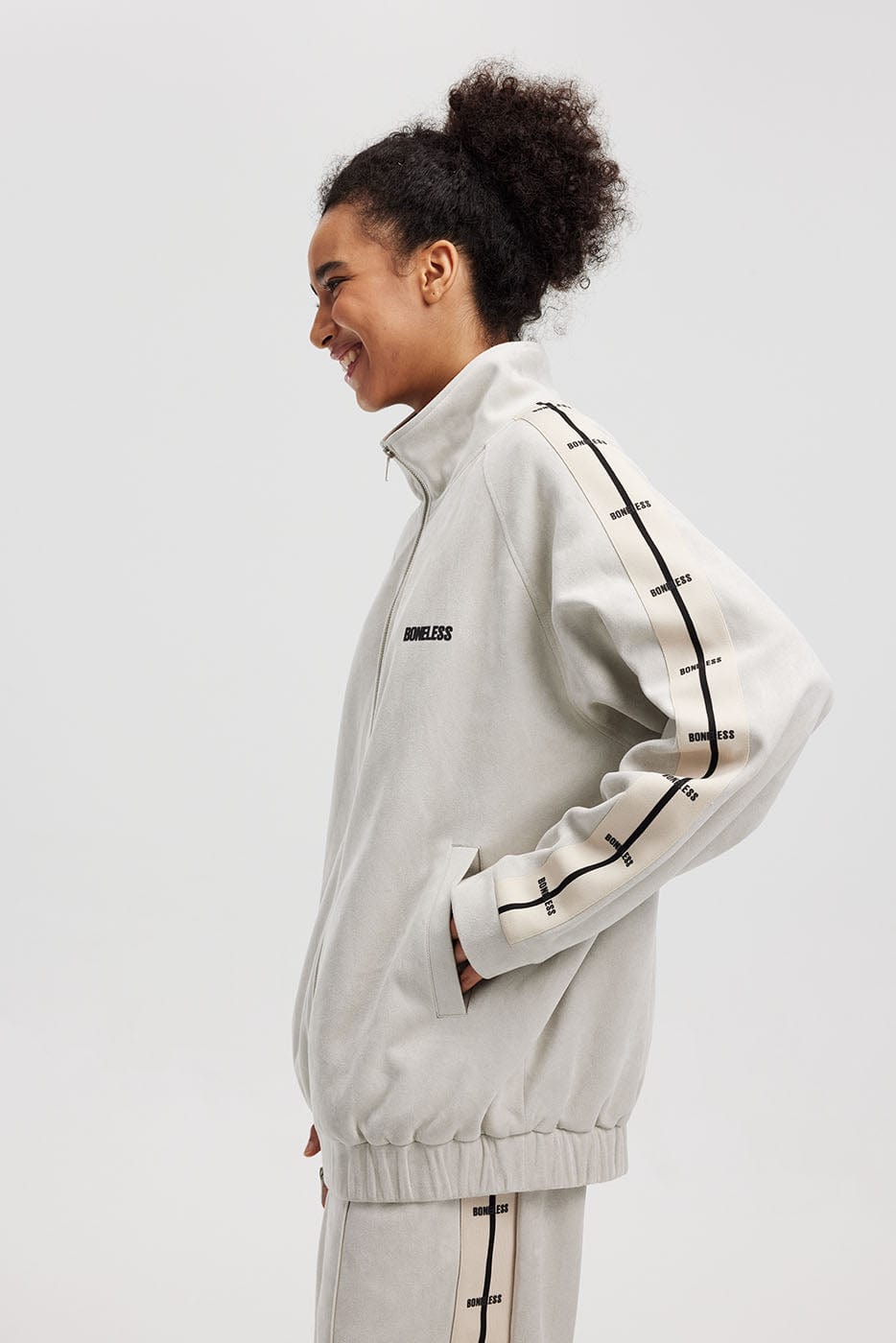 BONELESS Contrasted Striped Faux Suede Jacket