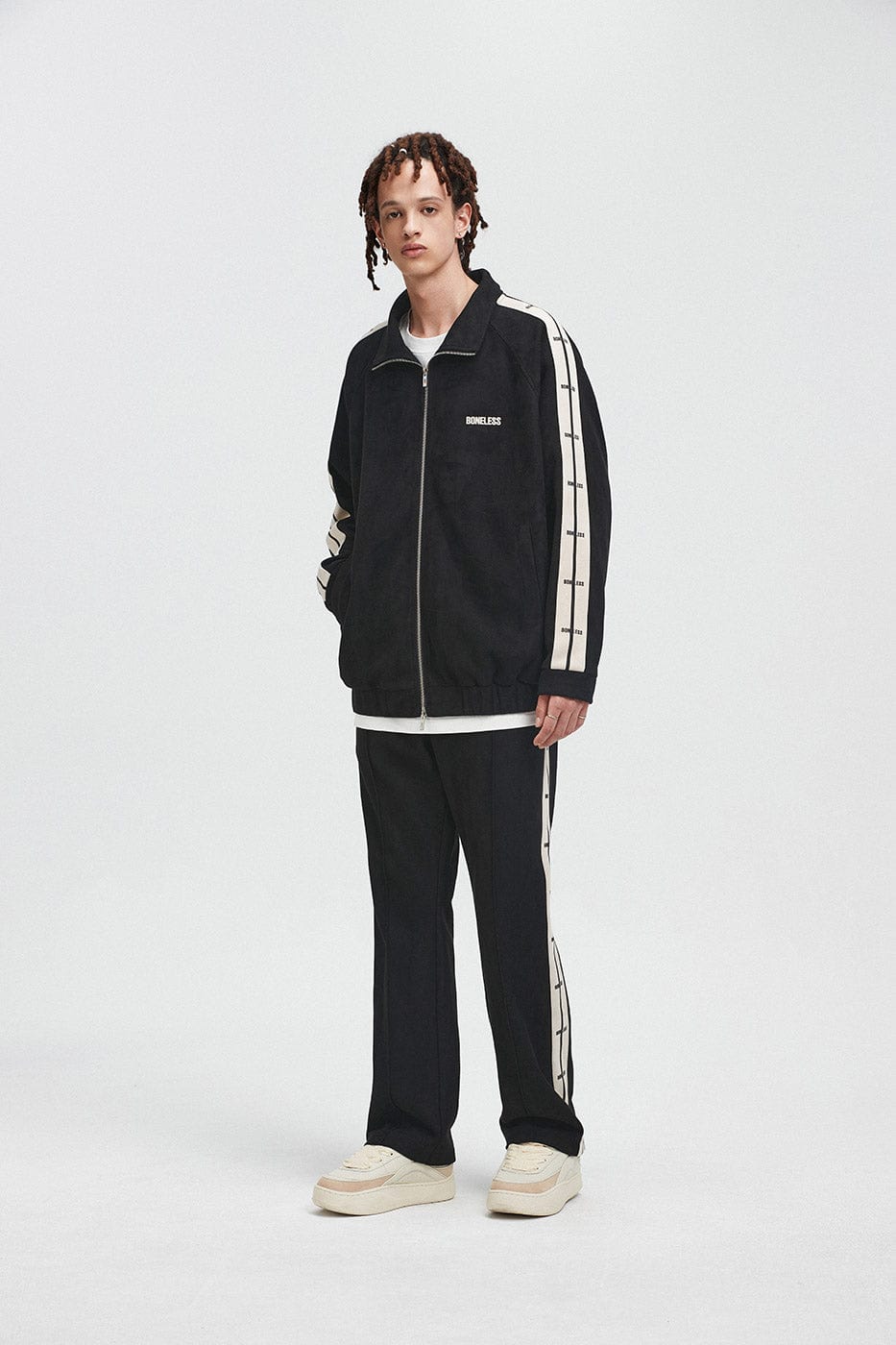 BONELESS Contrasted Striped Faux Suede Jacket