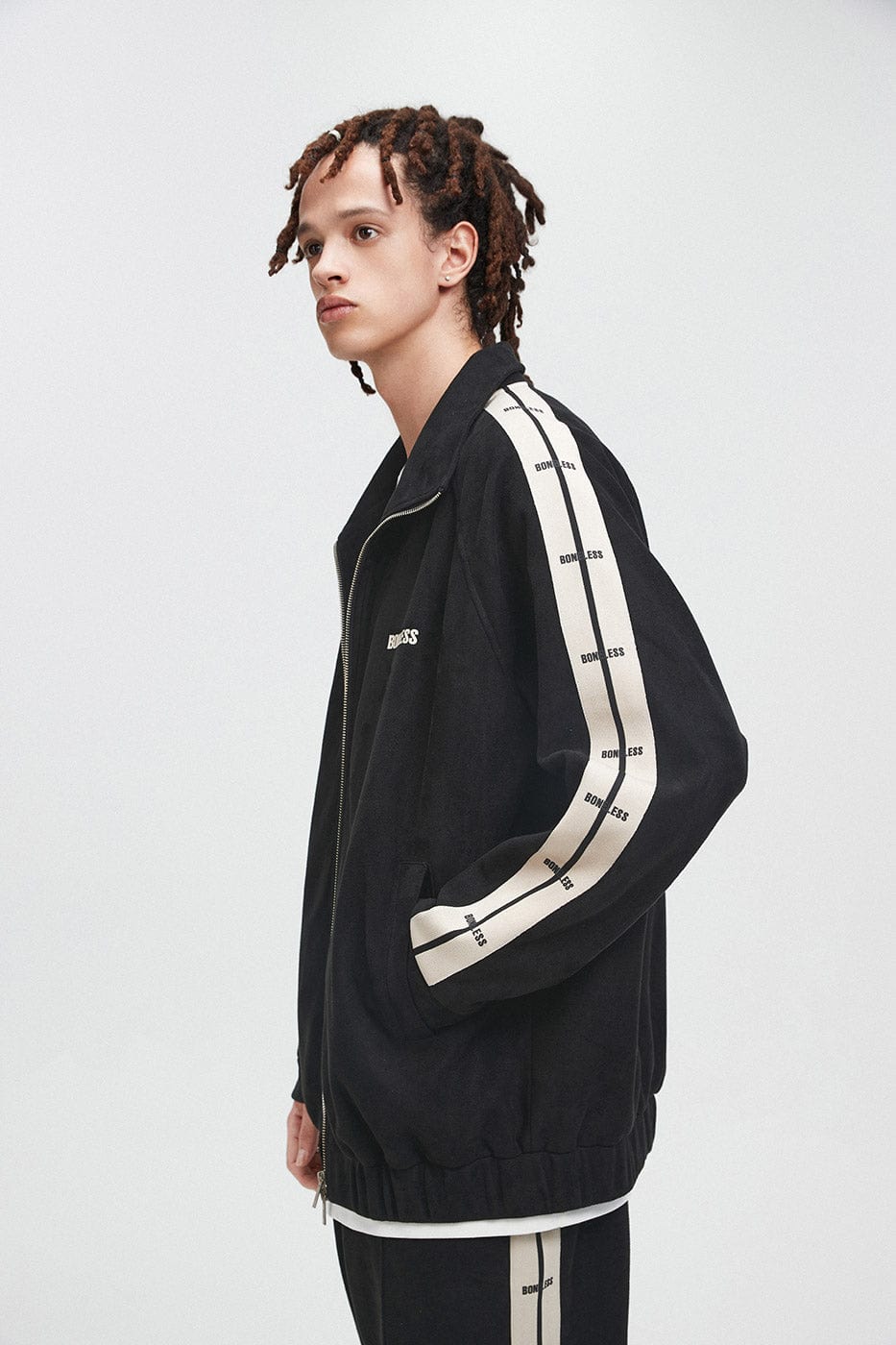 BONELESS Contrasted Striped Faux Suede Jacket