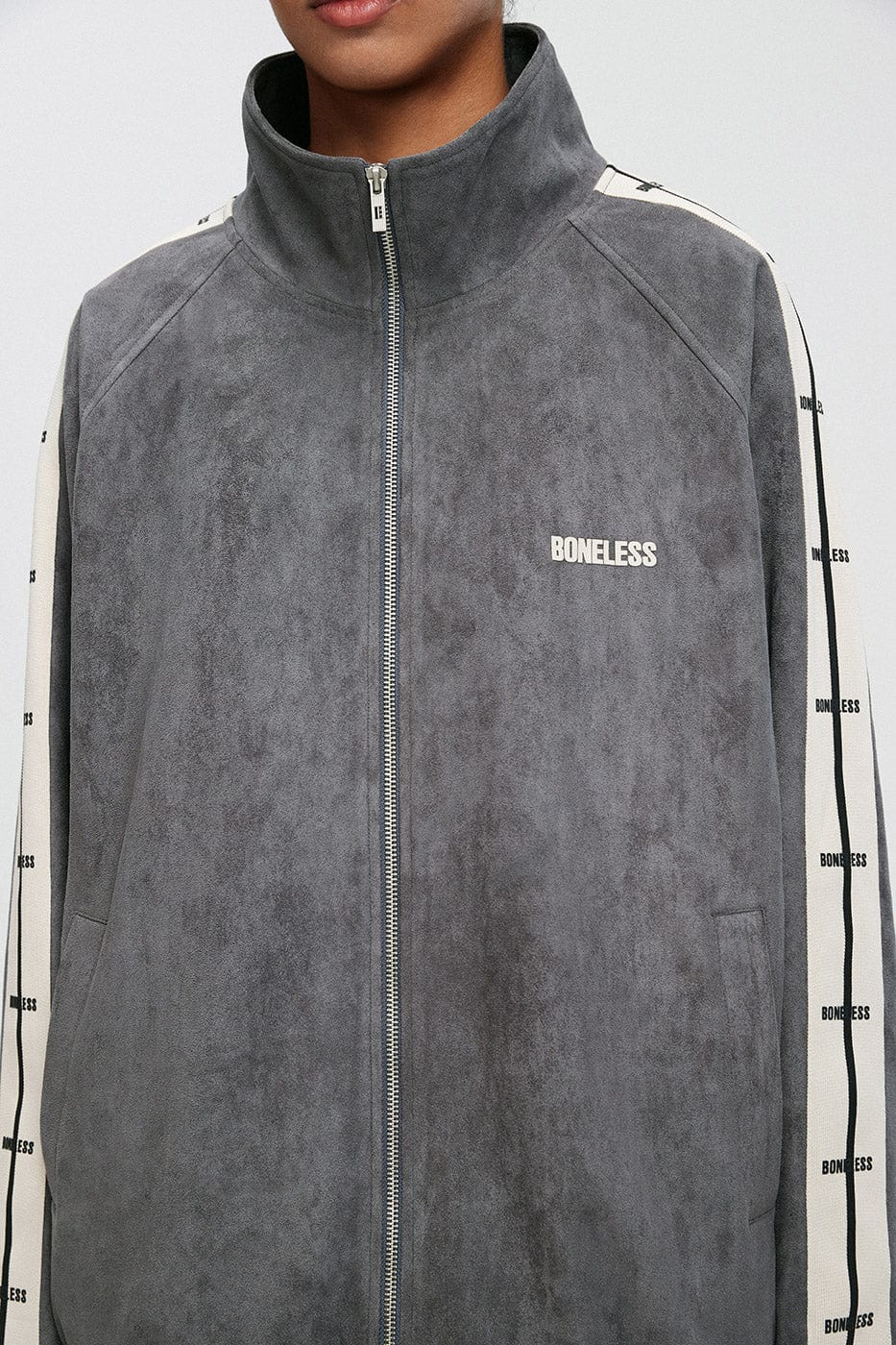 BONELESS Contrasted Striped Faux Suede Jacket
