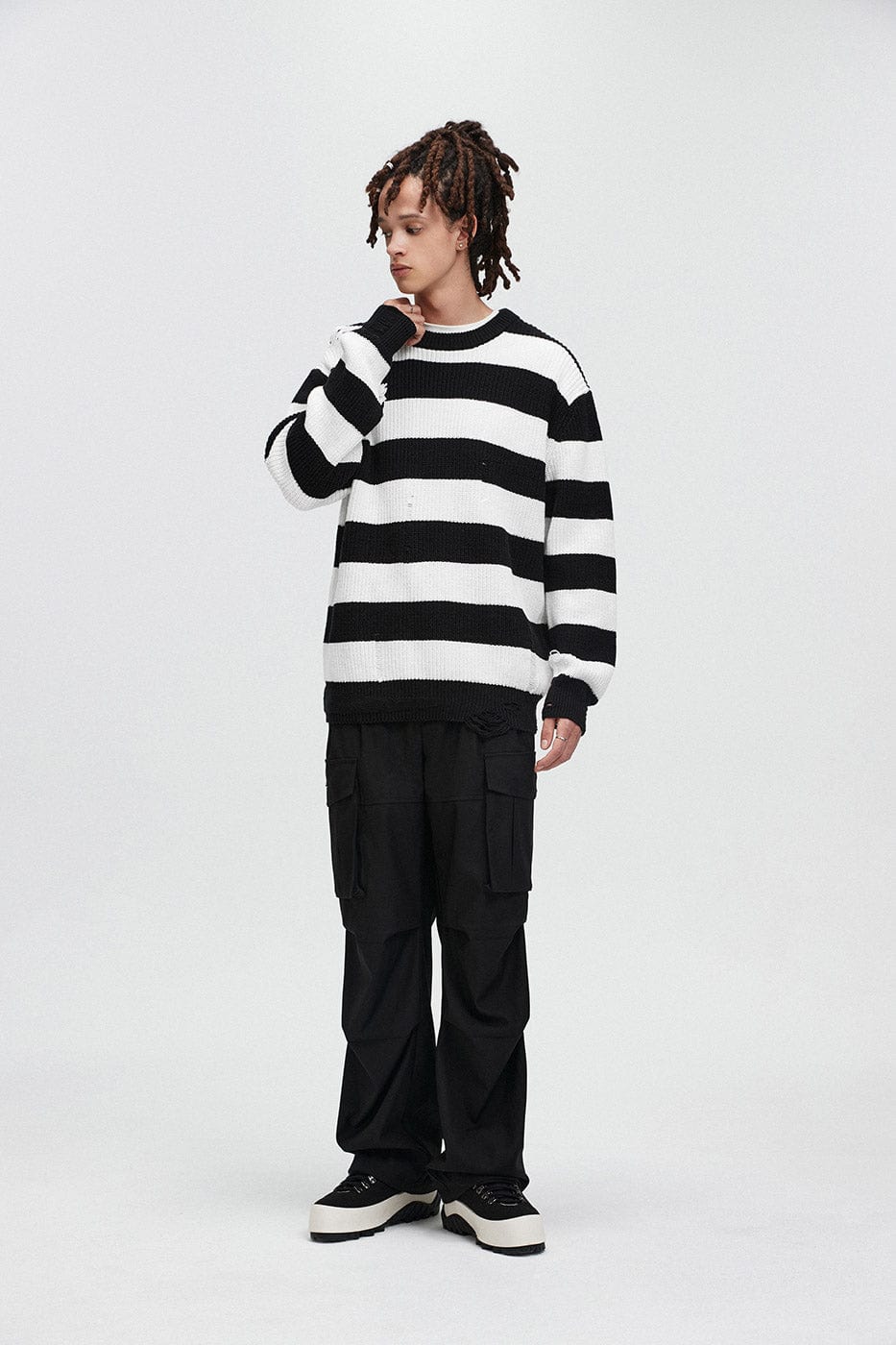 BONELESS Ripped Contrasted Stripes Sweater