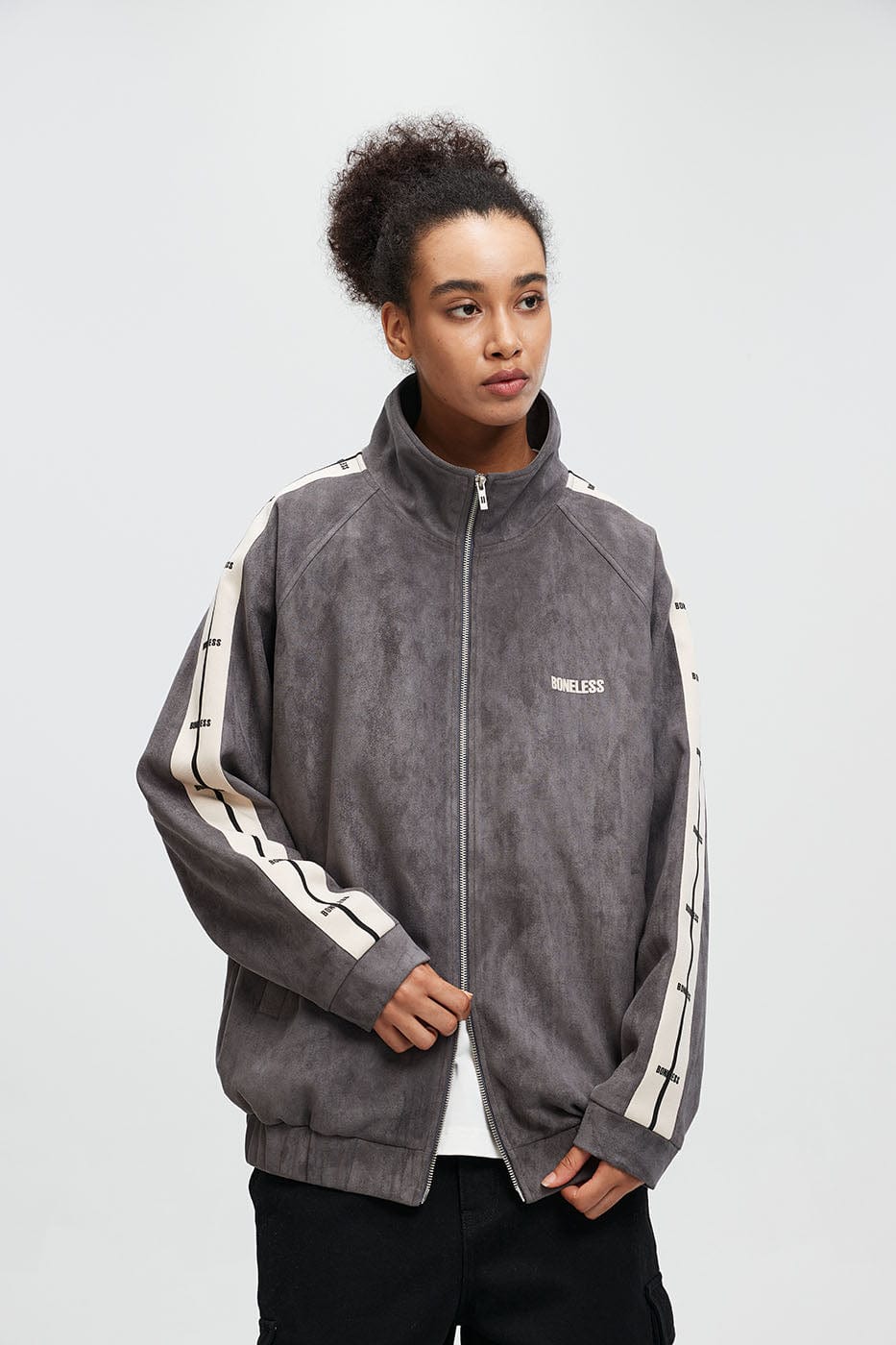 BONELESS Contrasted Striped Faux Suede Jacket