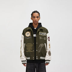 BONELESS Embroidered Pattern Faux Leather Varsity Jacket