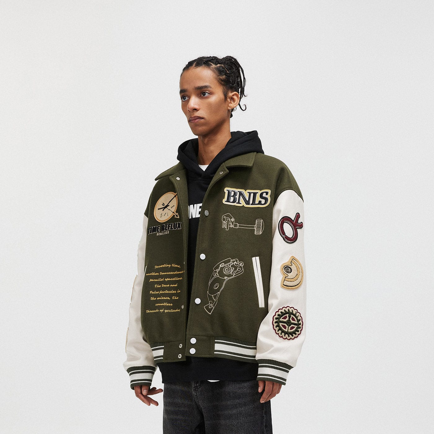 BONELESS Embroidered Pattern Faux Leather Varsity Jacket