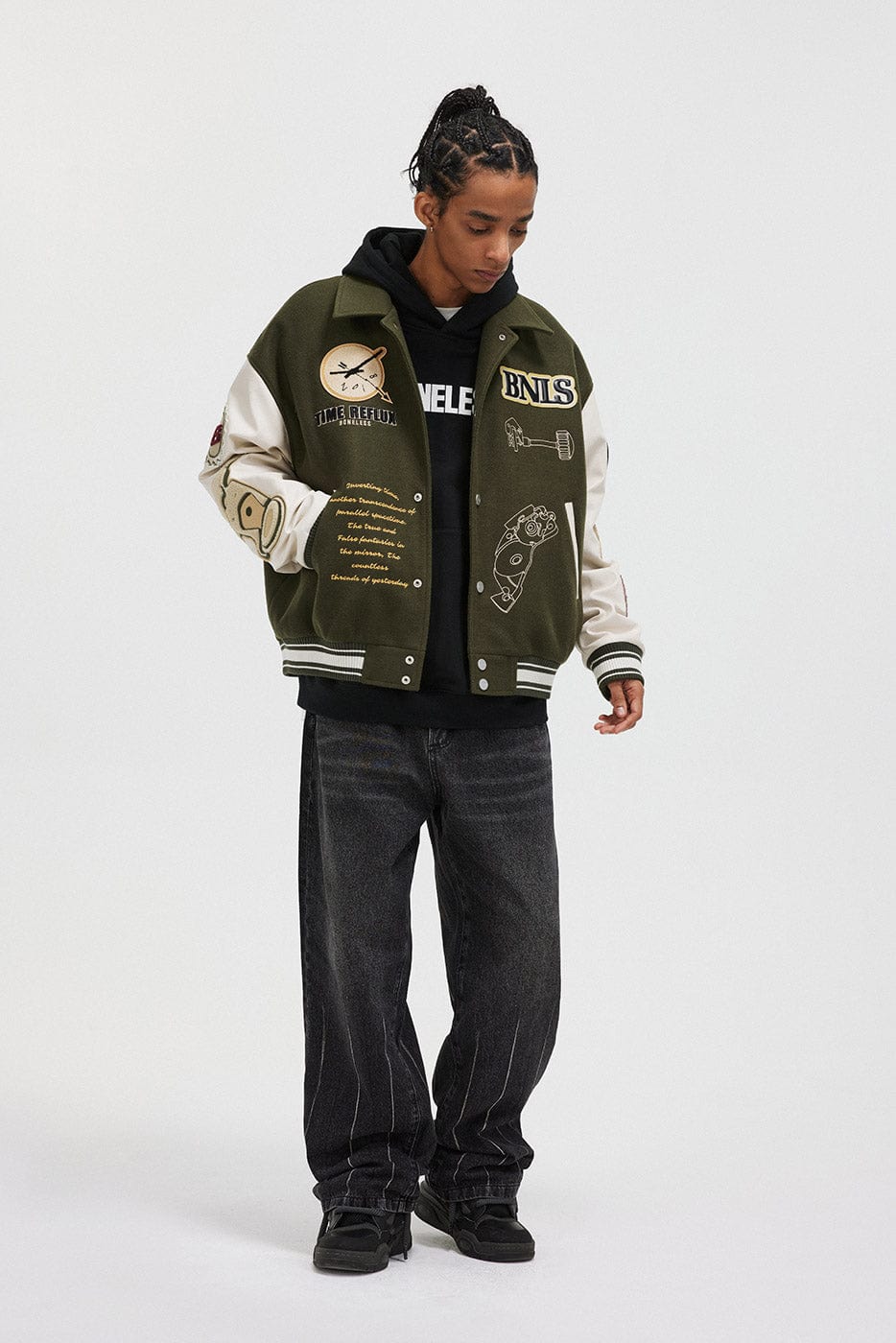 BONELESS Embroidered Pattern Faux Leather Varsity Jacket