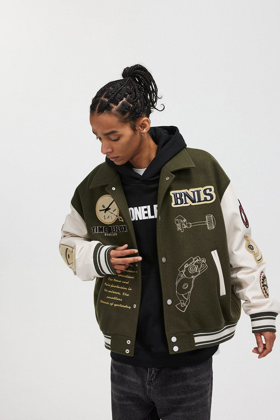 BONELESS Embroidered Pattern Faux Leather Varsity Jacket