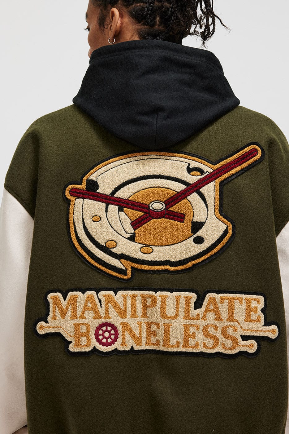 BONELESS Embroidered Pattern Faux Leather Varsity Jacket