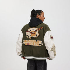 BONELESS Embroidered Pattern Faux Leather Varsity Jacket