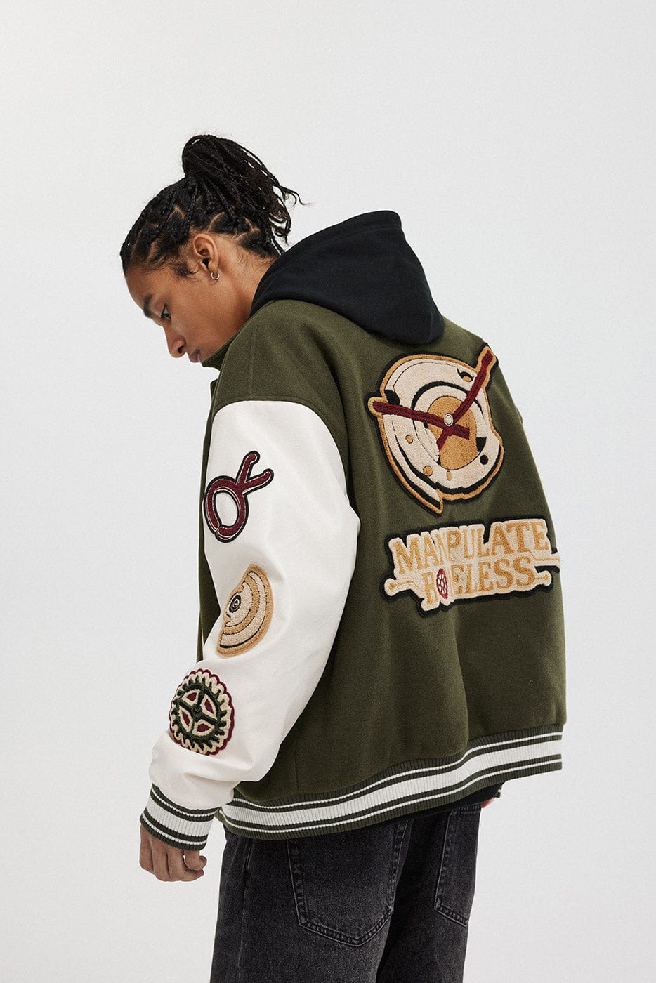 BONELESS Embroidered Pattern Faux Leather Varsity Jacket
