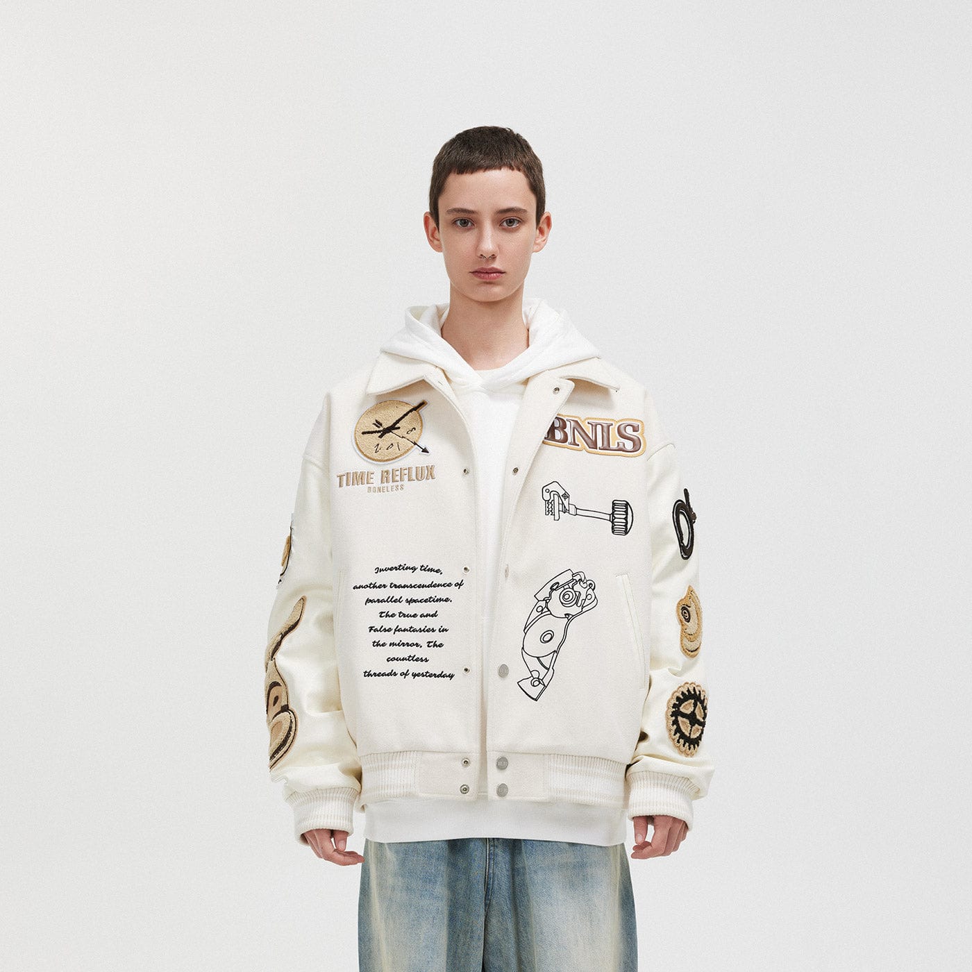 BONELESS Embroidered Pattern Faux Leather Varsity Jacket