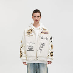 BONELESS Embroidered Pattern Faux Leather Varsity Jacket