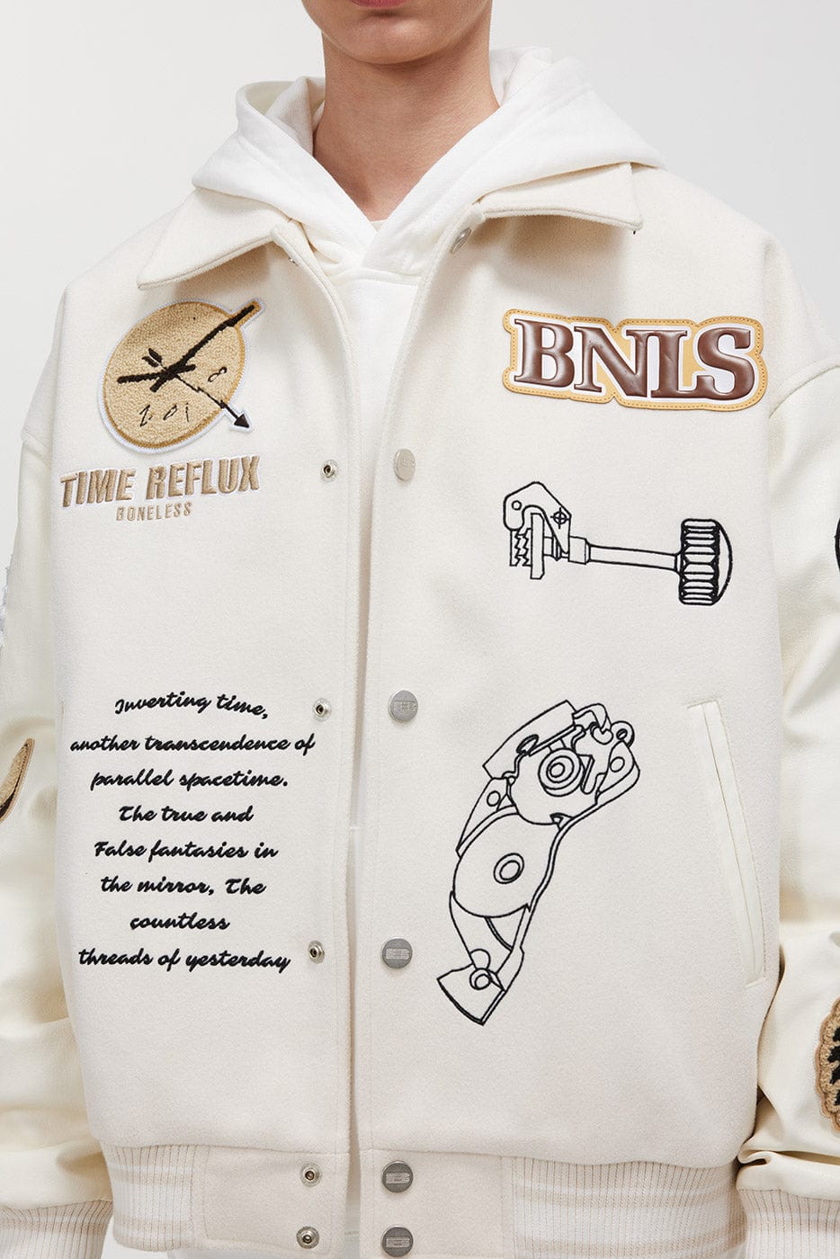 BONELESS Embroidered Pattern Faux Leather Varsity Jacket