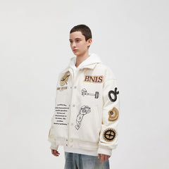 BONELESS Embroidered Pattern Faux Leather Varsity Jacket