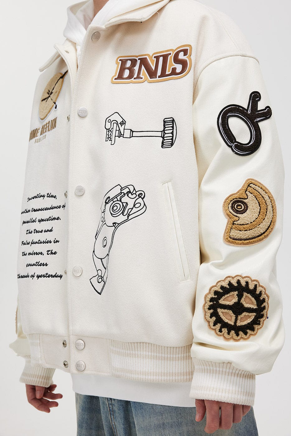 BONELESS Embroidered Pattern Faux Leather Varsity Jacket